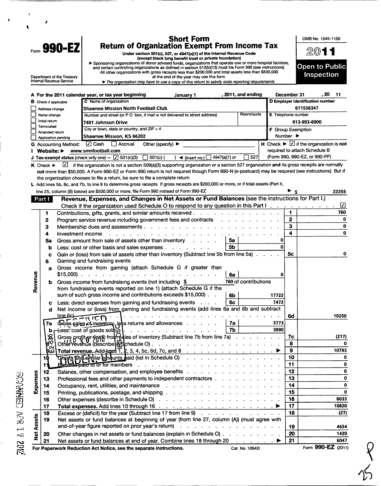 Image of first page of 2011 Form 990EZ for Shawnee Mission North Football Parents Club