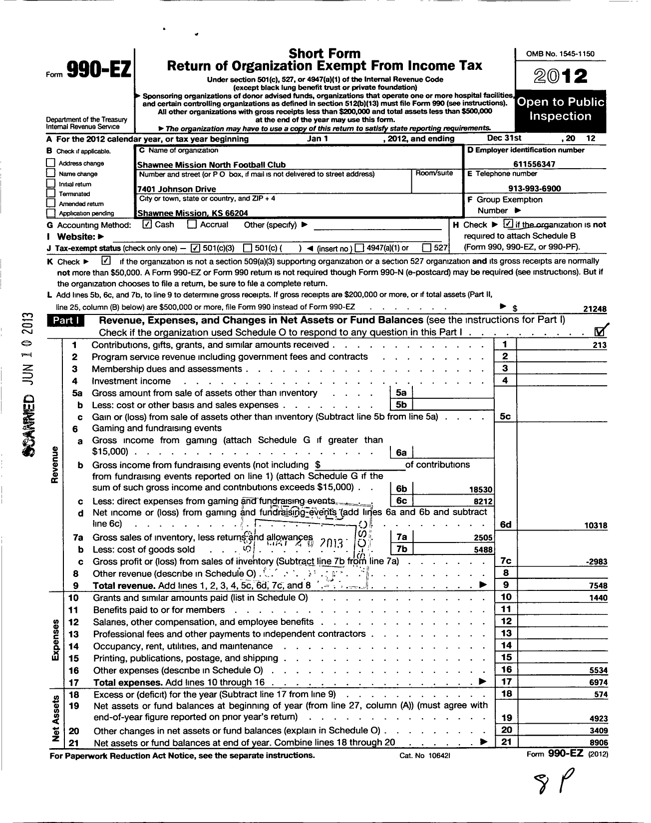 Image of first page of 2012 Form 990EZ for Shawnee Mission North Football Parents Club