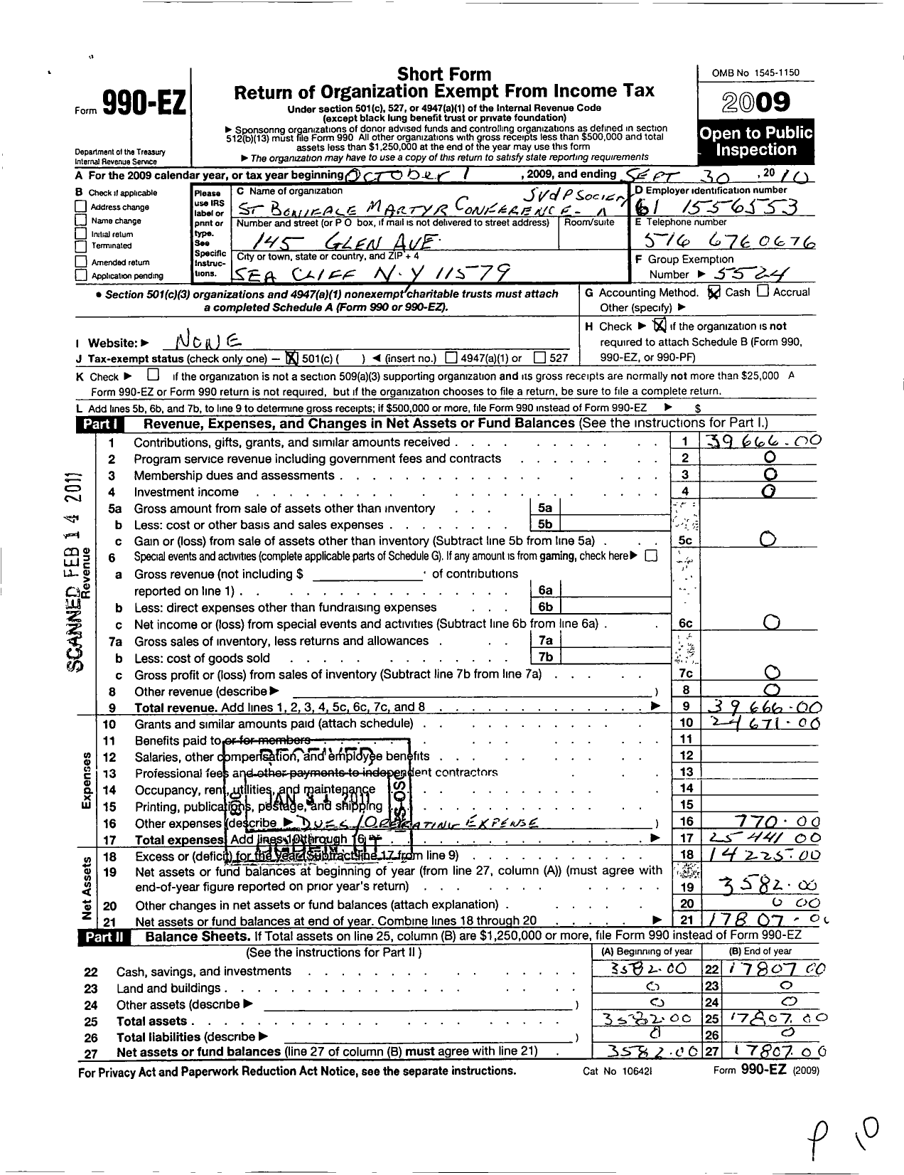 Image of first page of 2009 Form 990EO for Central Council of the Society of St Vincent de Paul in the Diocese / The Parish of St Boniface Martyr