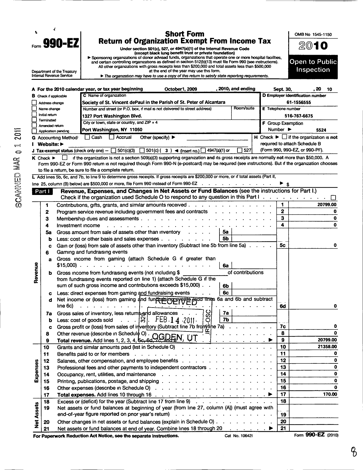 Image of first page of 2009 Form 990EZ for Central Council of the Society of St Vincent de Paul in the Diocese / Parish of St Peter of Alcantara