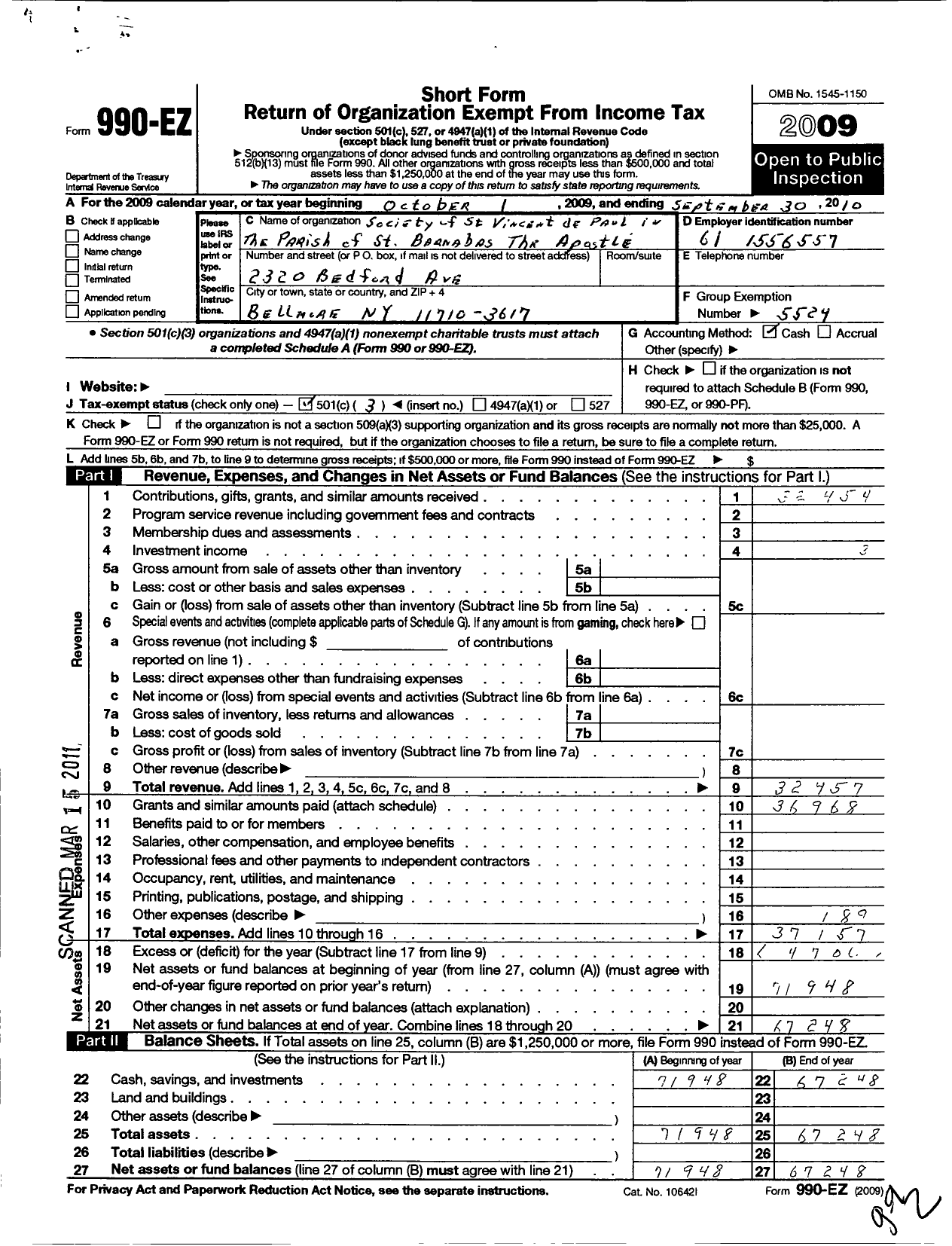 Image of first page of 2009 Form 990EZ for Central Council of the Society of St Vincent de Paul in the Diocese / The Parish of St Barnabas the Apos