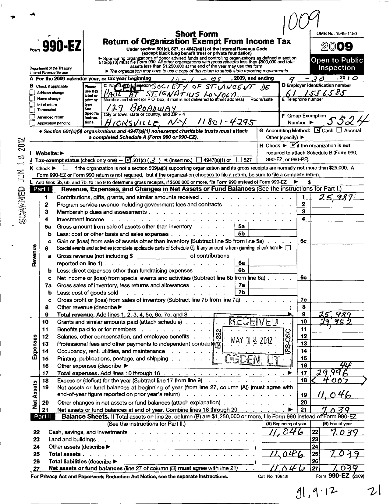 Image of first page of 2009 Form 990EZ for Central Council of the Society of St Vincent de Paul in the Diocese / The Parish of St Ignatius Loyola