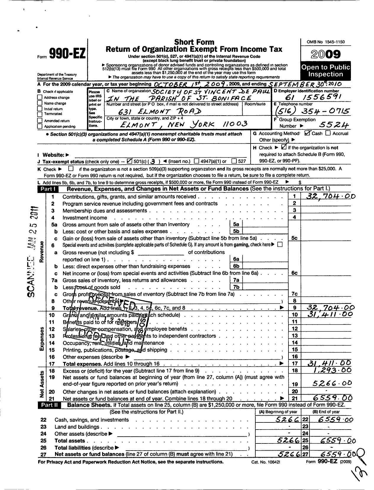 Image of first page of 2009 Form 990EZ for The Society of St Vincent de Paul in the Parish of St Boniface