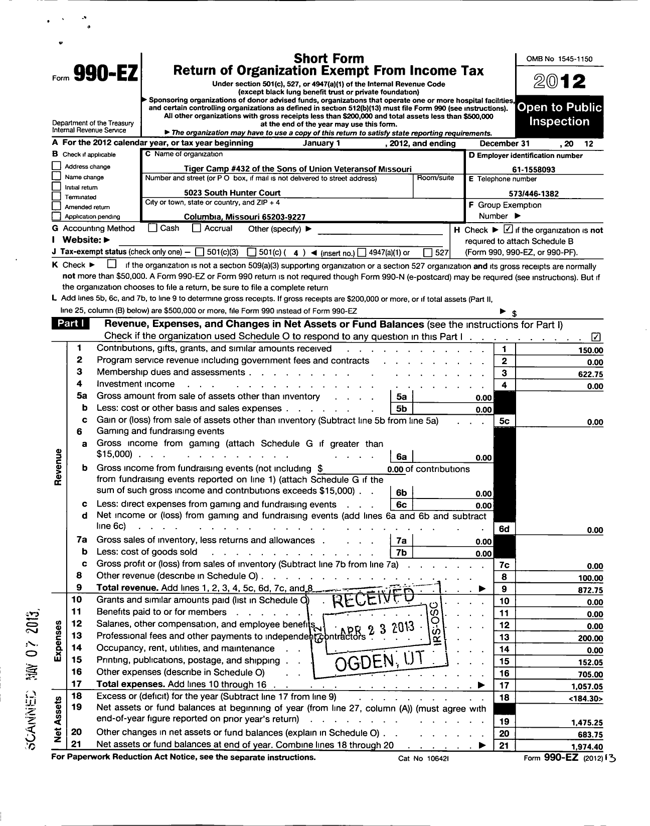 Image of first page of 2012 Form 990EO for Sons of Union Veterans of the Civil War - 432 Columbia Tigers Dept Missouri