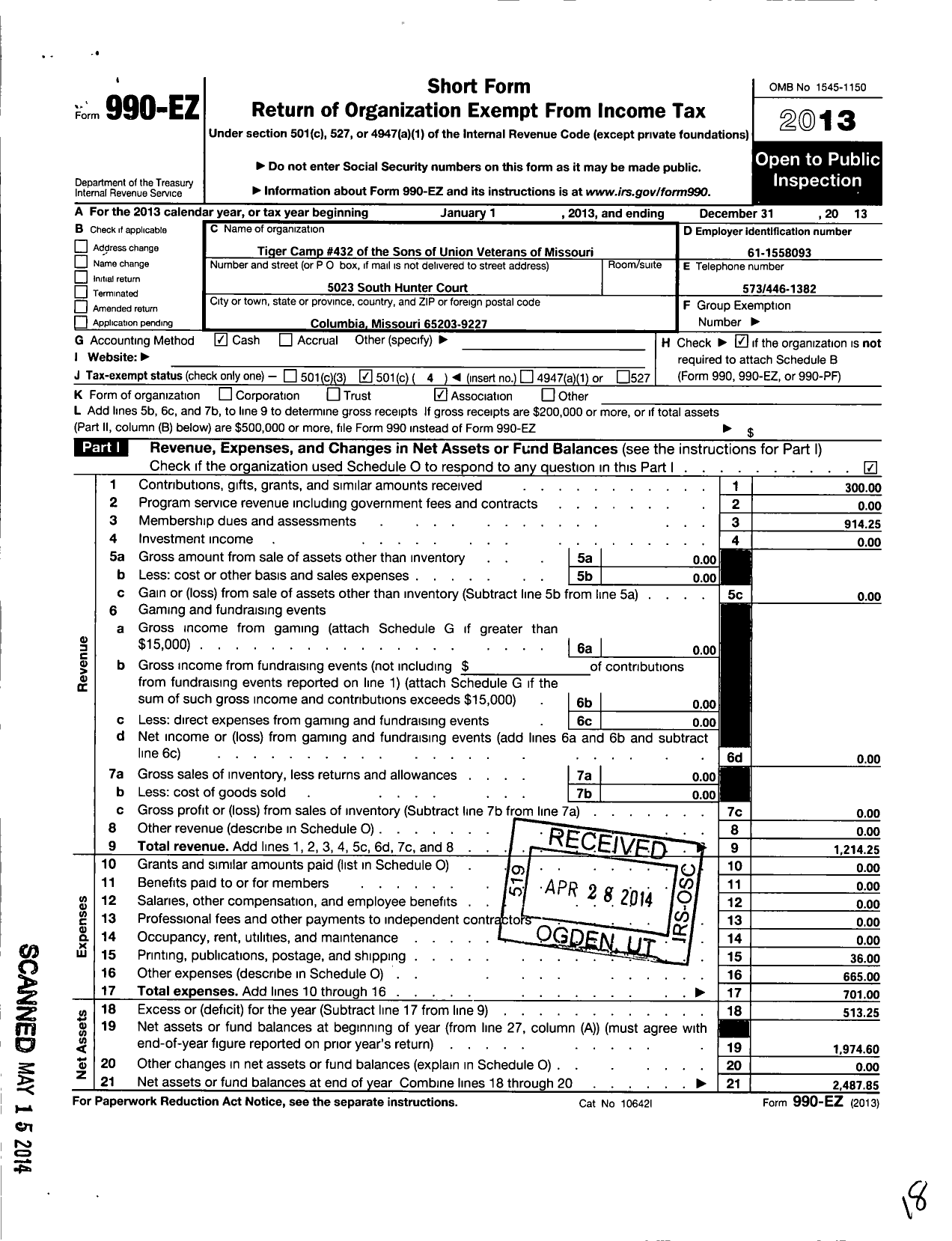 Image of first page of 2013 Form 990EO for Sons of Union Veterans of the Civil War - 432 Columbia Tigers Dept Missouri