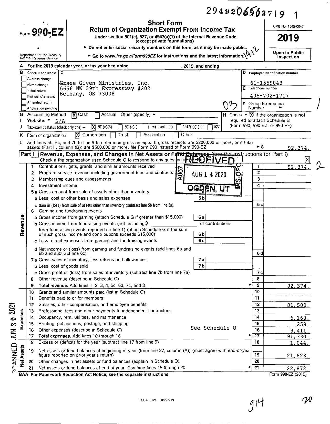 Image of first page of 2019 Form 990EZ for Grace Given Ministries