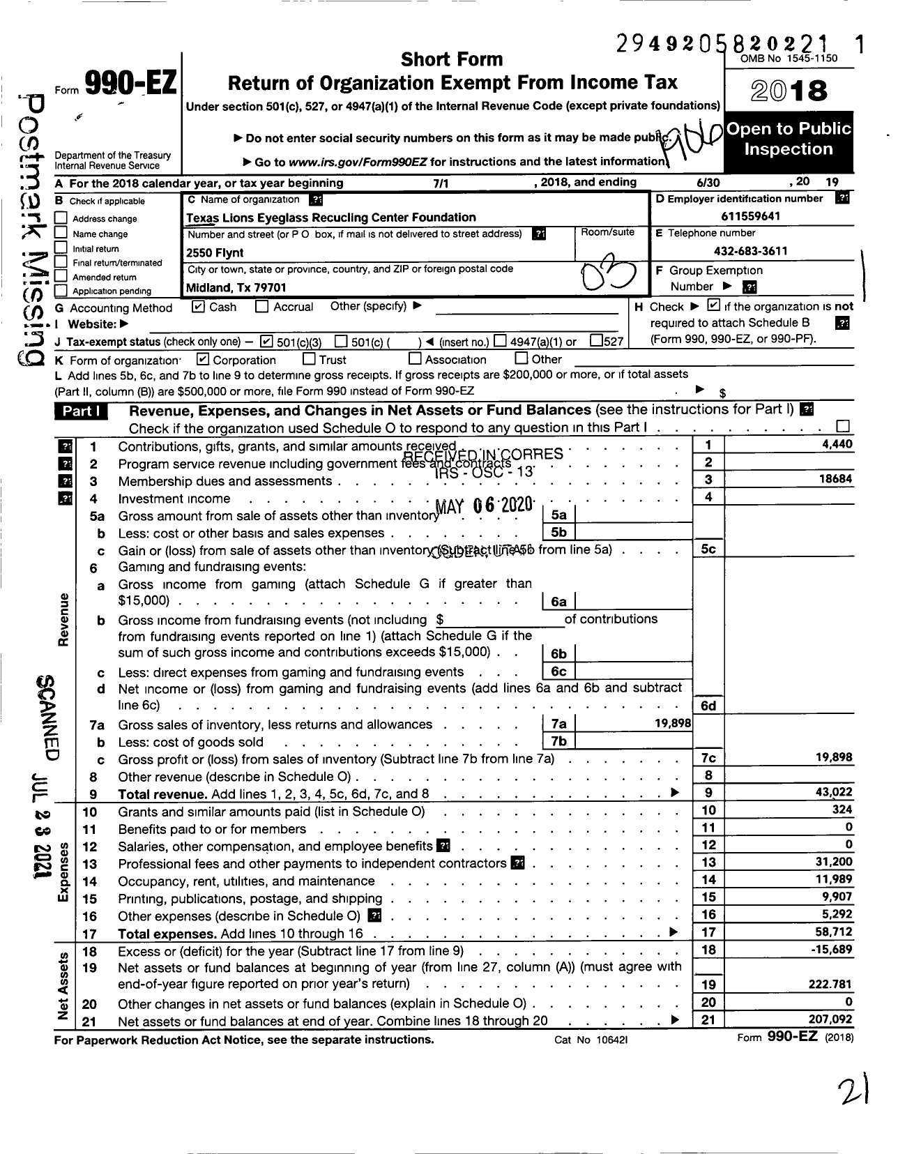 Image of first page of 2018 Form 990EZ for Texas Lions Eyeglass Recycling Center Foundation