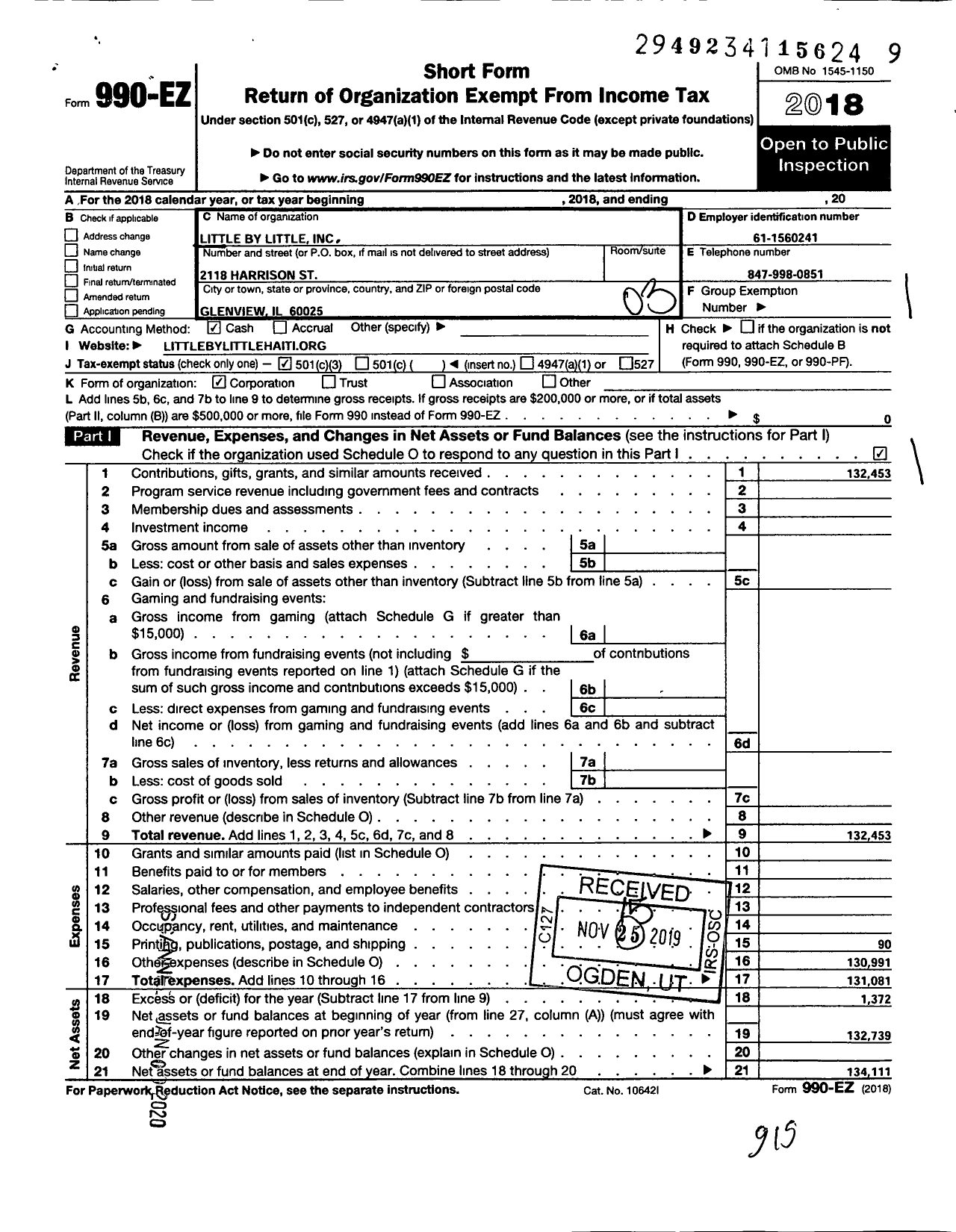 Image of first page of 2018 Form 990EZ for Little By Little