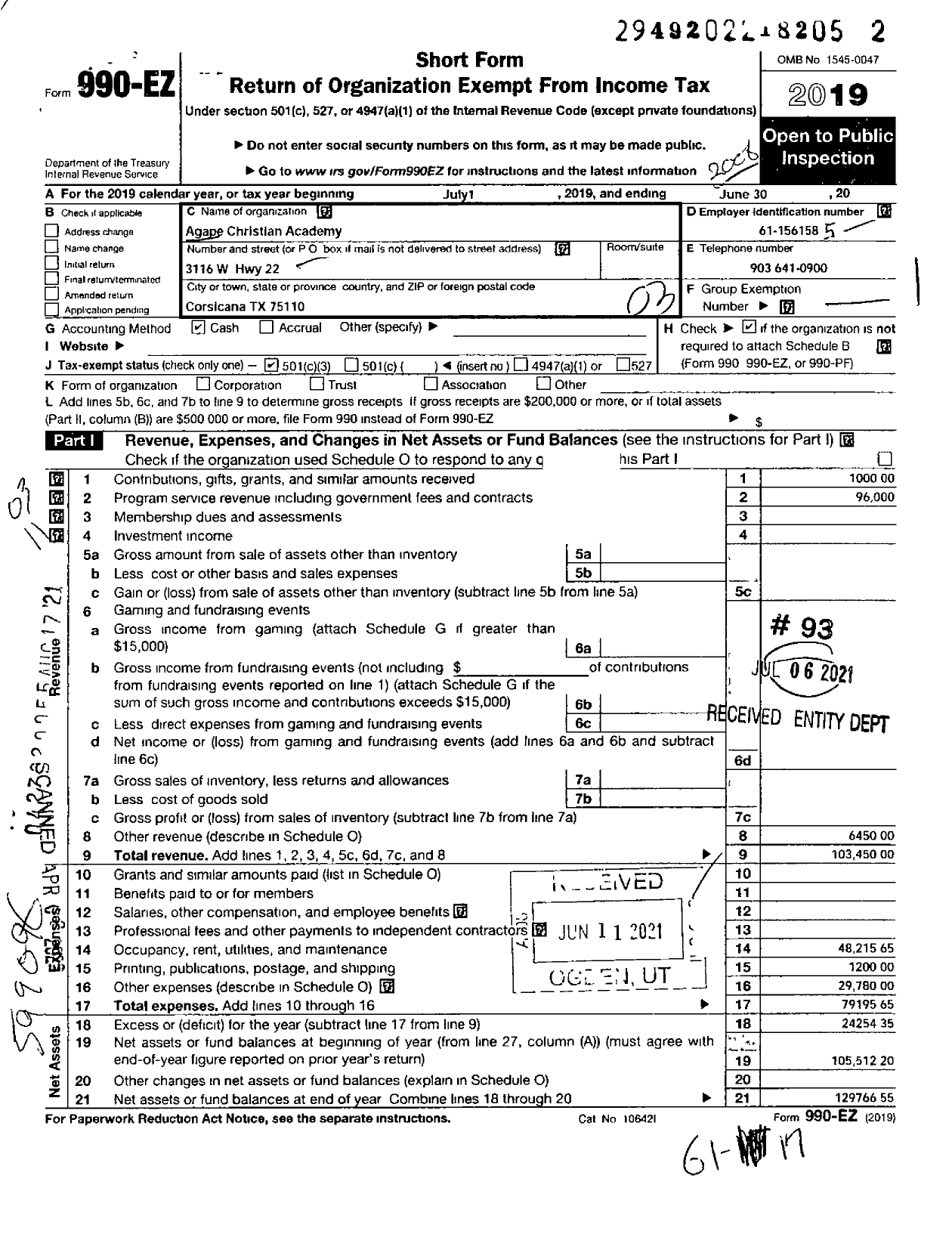 Image of first page of 2019 Form 990EZ for Agape Christian Academy