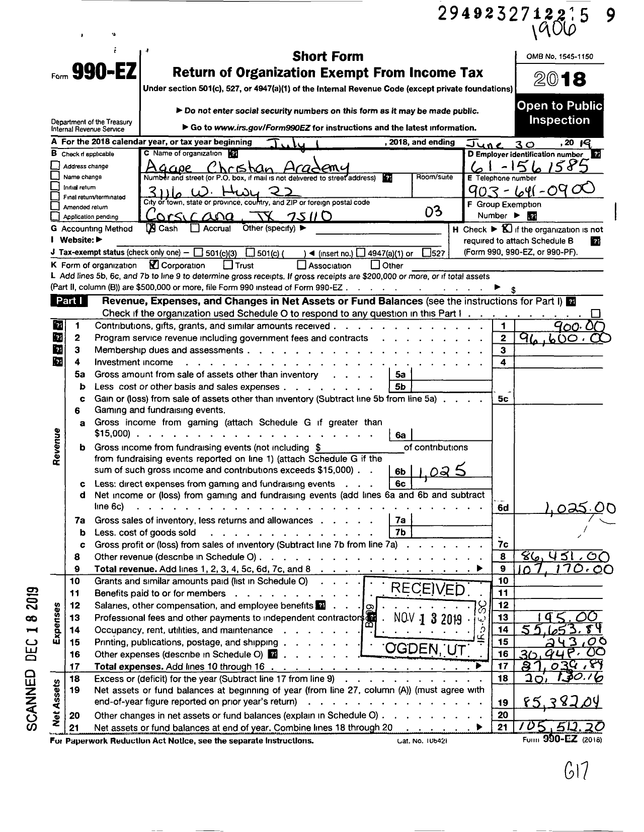 Image of first page of 2018 Form 990EZ for Agape Christian Academy