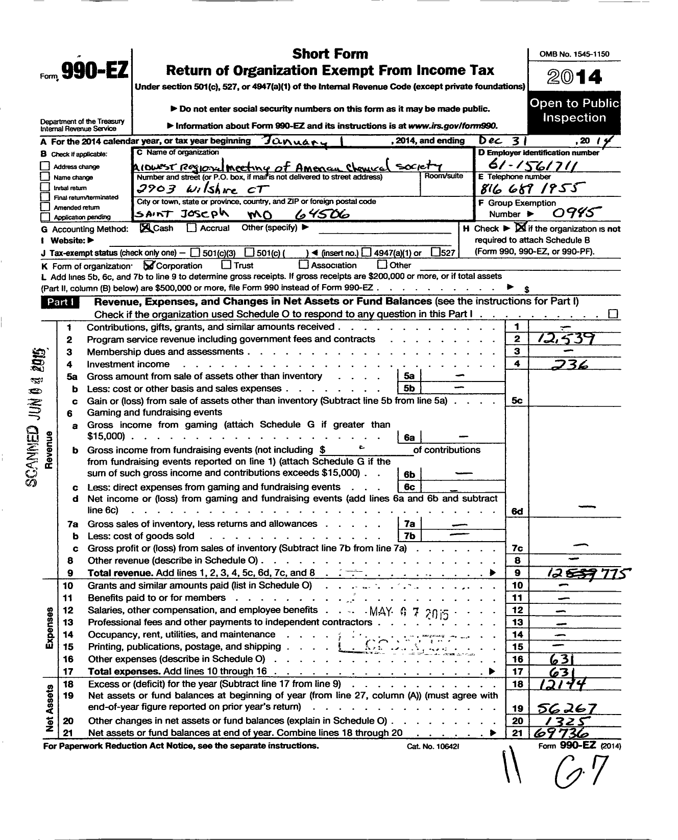 Image of first page of 2014 Form 990EO for American Chemical Society - Midwest Region