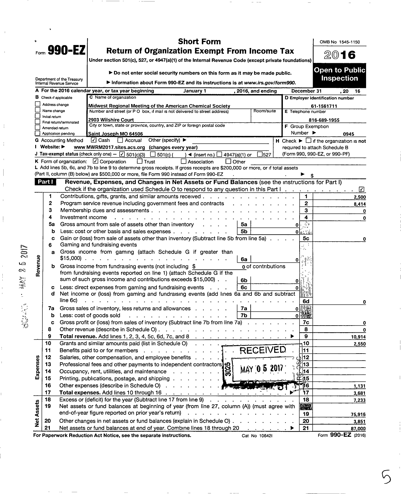 Image of first page of 2016 Form 990EZ for American Chemical Society