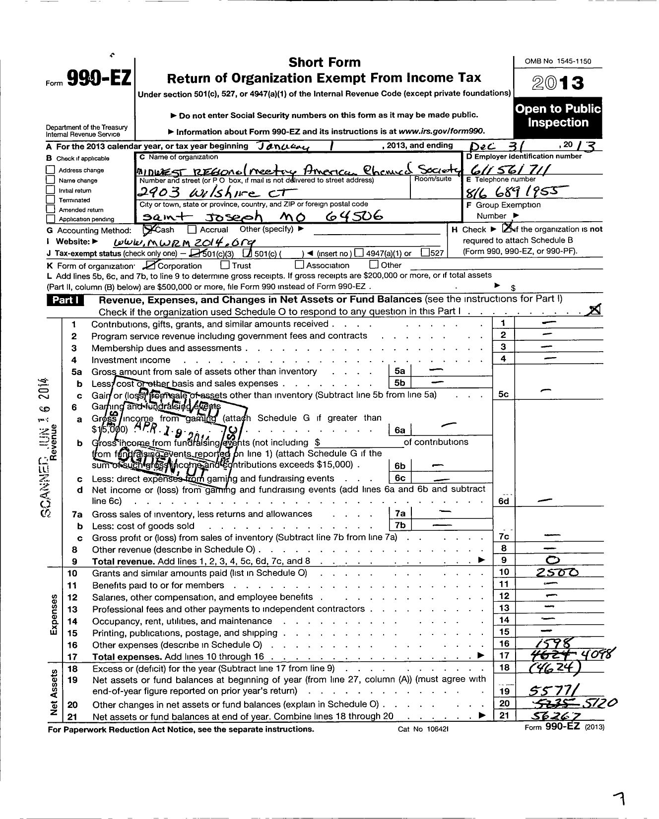 Image of first page of 2013 Form 990EZ for American Chemical Society - Midwest Region