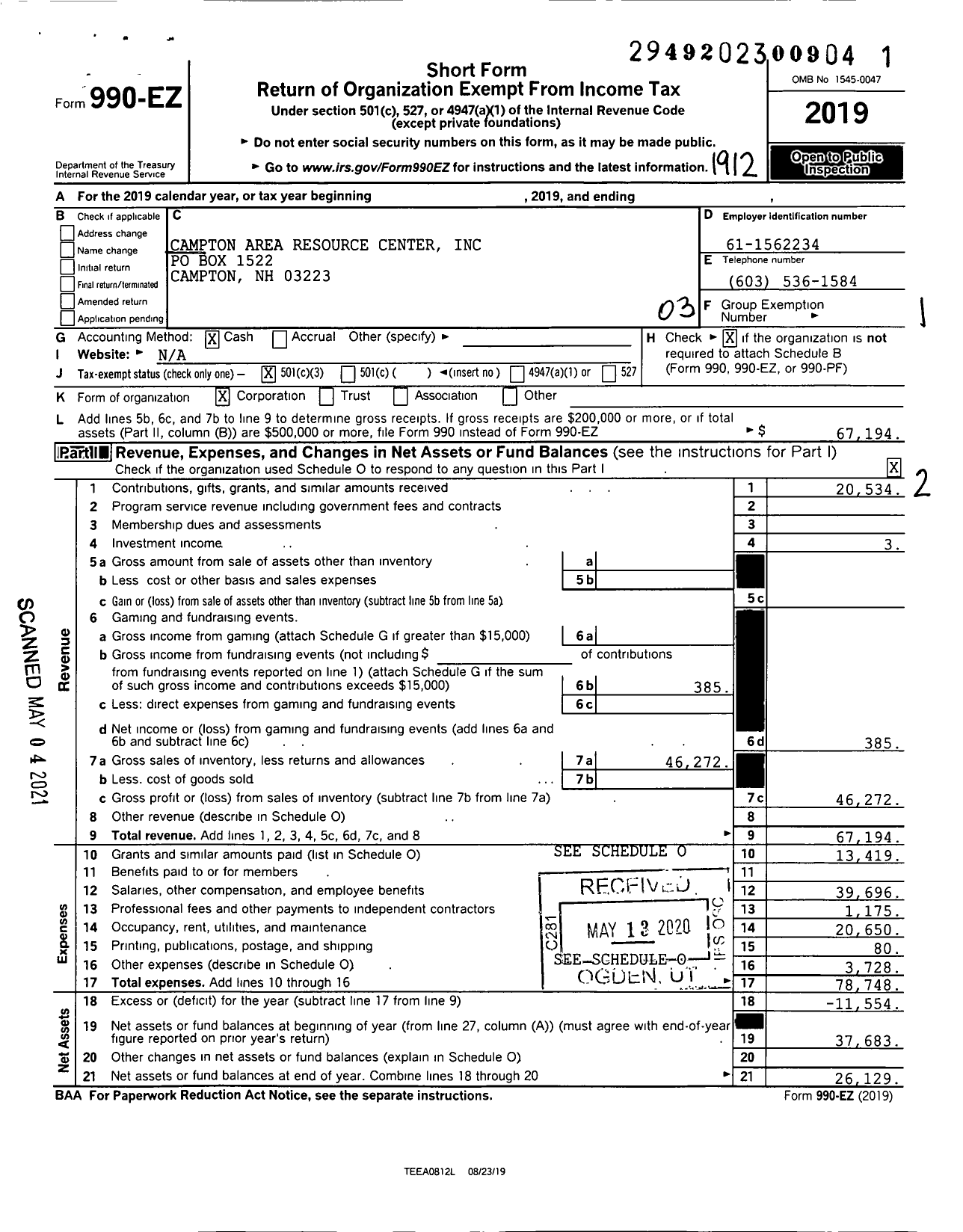 Image of first page of 2019 Form 990EZ for Campton Area Resource Center (CARC)