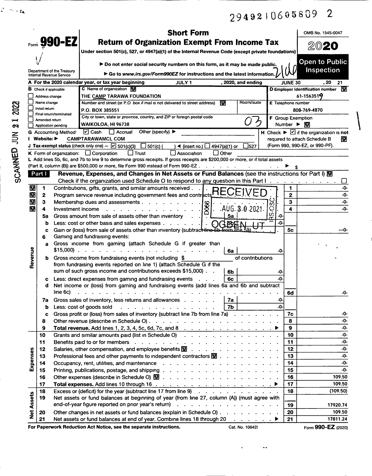 Image of first page of 2020 Form 990EZ for Camp Tarawa Foundation