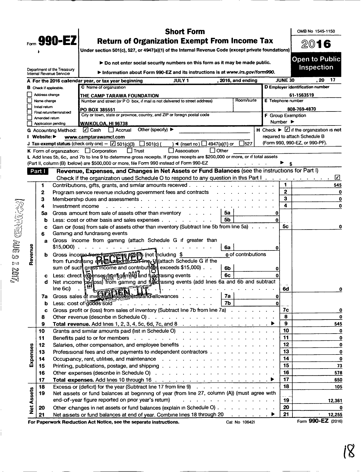 Image of first page of 2016 Form 990EZ for Camp Tarawa Foundation