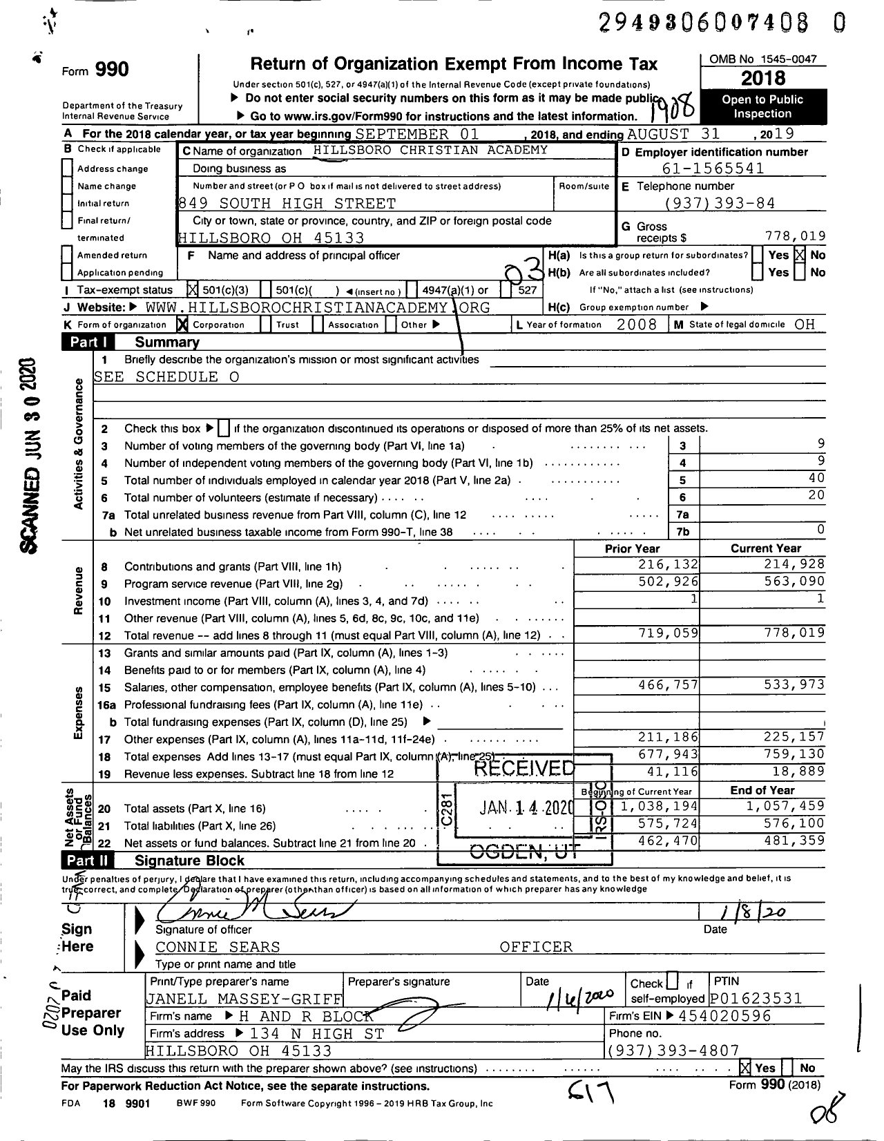 Image of first page of 2018 Form 990 for Hillsboro Christian Academy