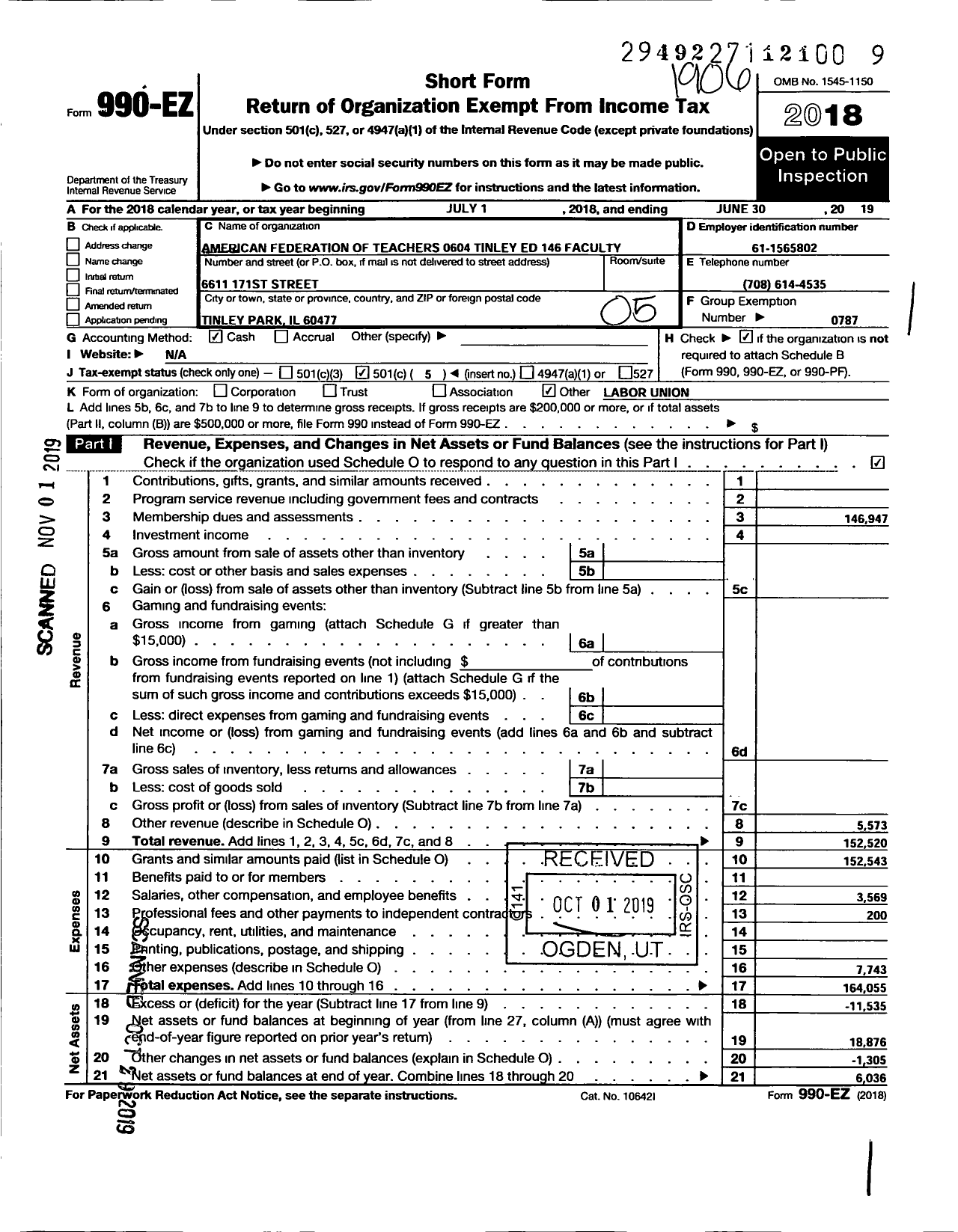 Image of first page of 2018 Form 990EO for American Federation of Teachers - 0604 Tinley Ed 146 Faculty