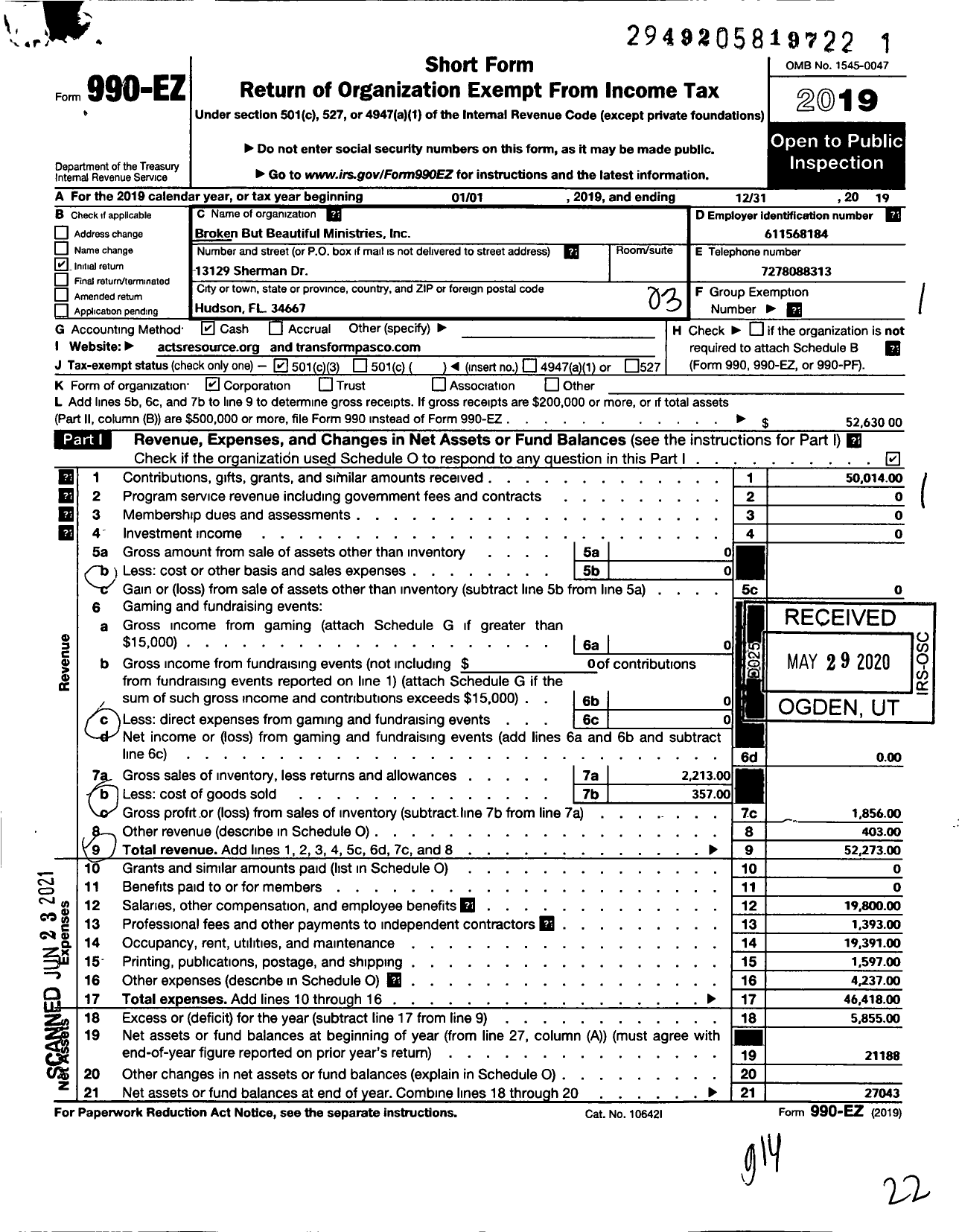 Image of first page of 2019 Form 990EZ for Broken But Beautiful Ministries