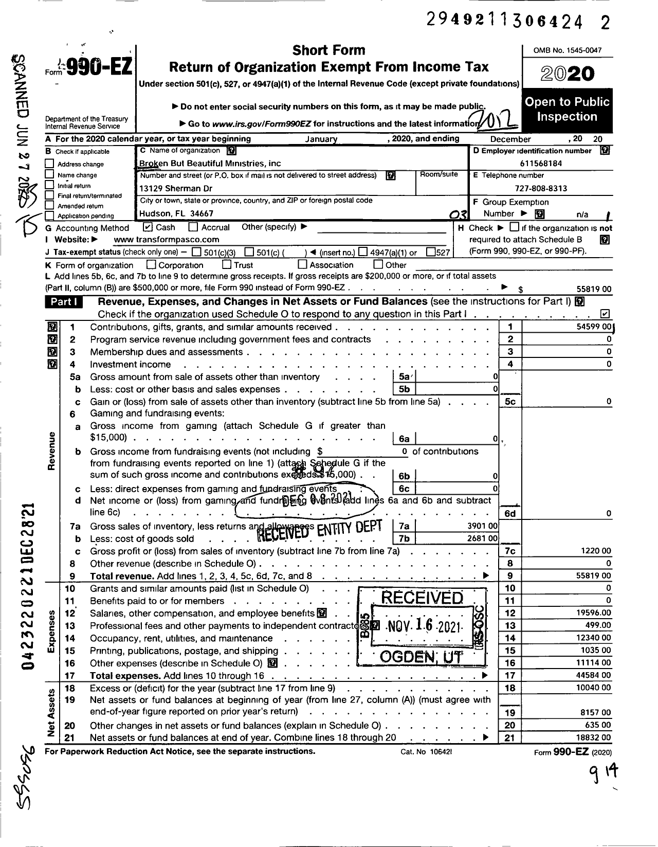 Image of first page of 2020 Form 990EZ for Broken But Beautiful Ministries