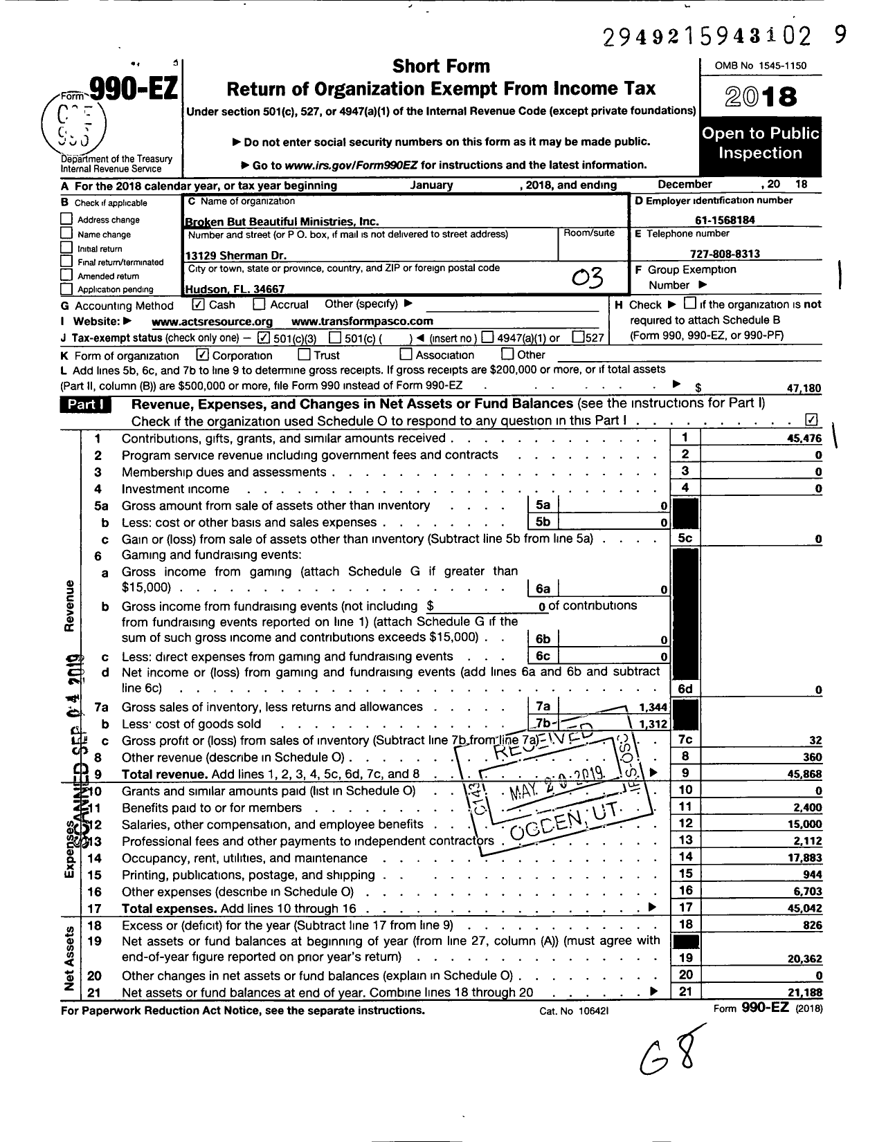 Image of first page of 2018 Form 990EZ for Broken But Beautiful Ministries