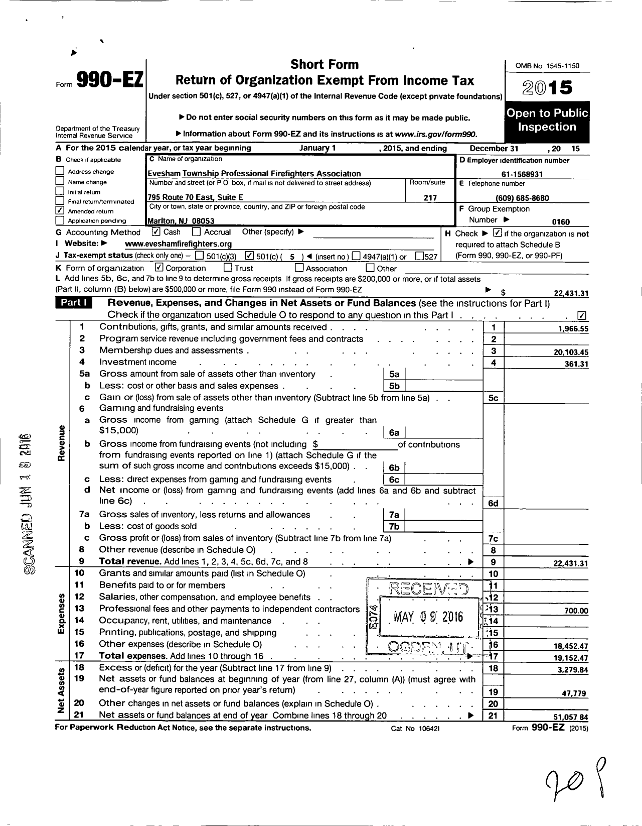 Image of first page of 2015 Form 990EO for International Association of Fire Fighters - L4687 Evesham Township Prof FF Assc