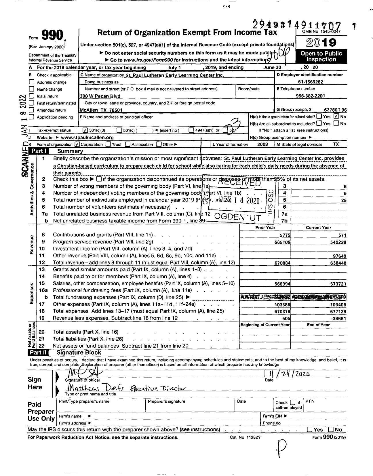 Image of first page of 2019 Form 990 for St Paul Lutheran Early Learning Center