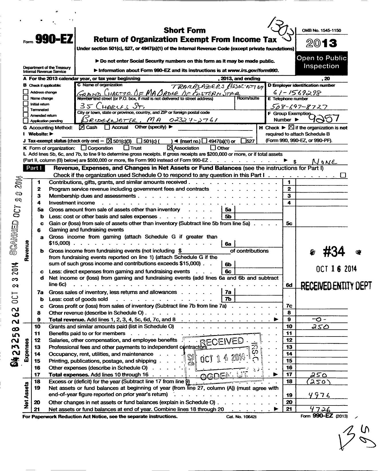 Image of first page of 2013 Form 990EZ for Grand Chapter of Ma Order of the Eastern Star / Trailblazers Association