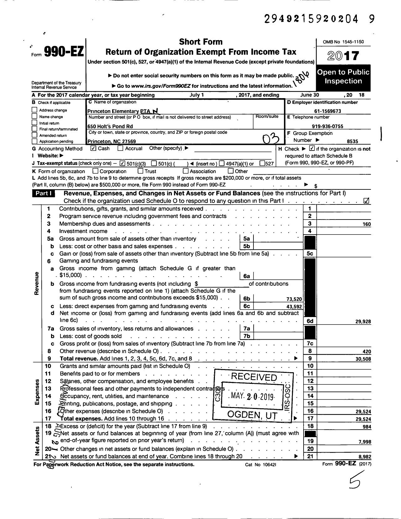 Image of first page of 2017 Form 990EZ for North Carolina PTA - Princeton Elementary School PTA