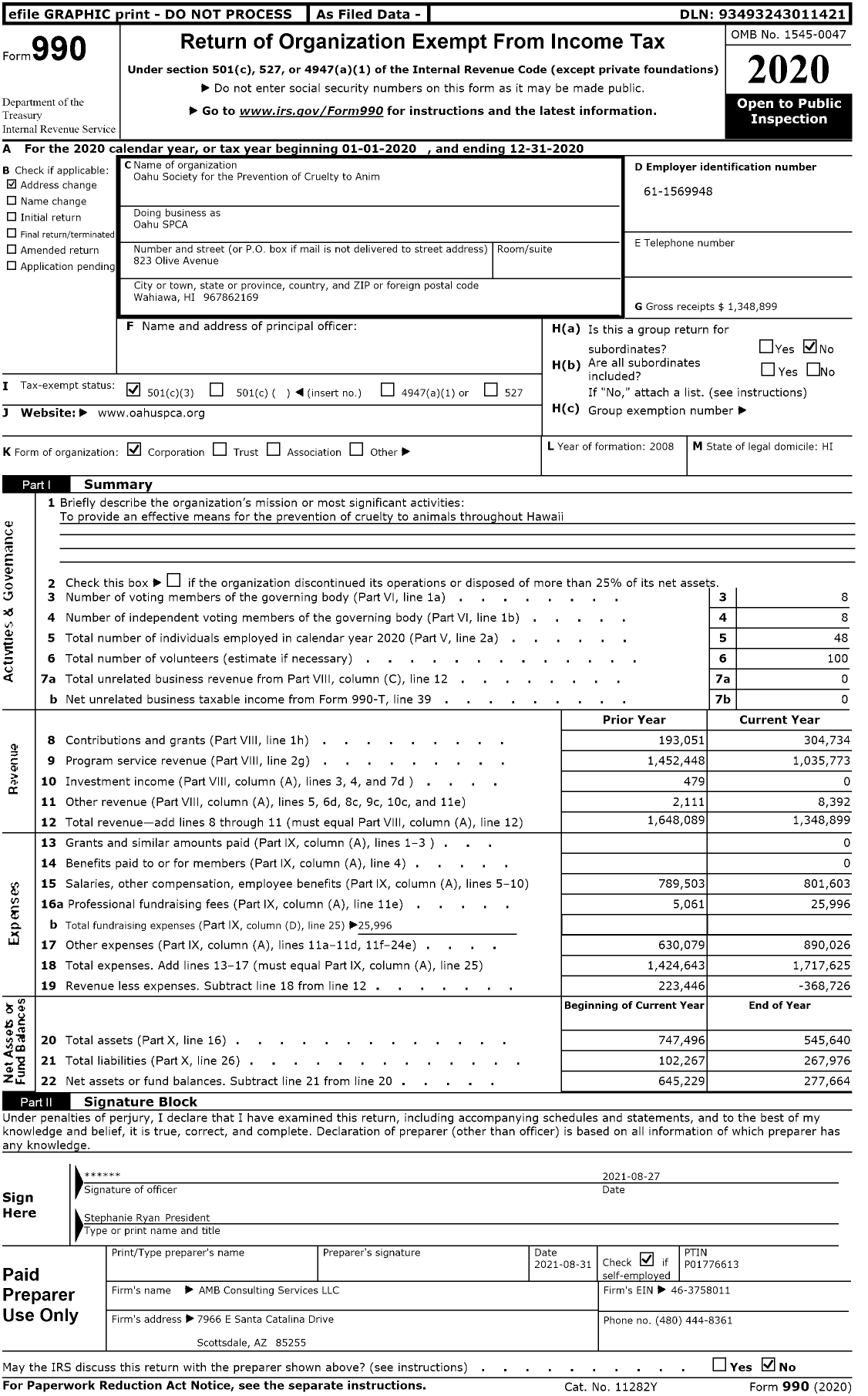 Image of first page of 2020 Form 990 for Oahu SPCA