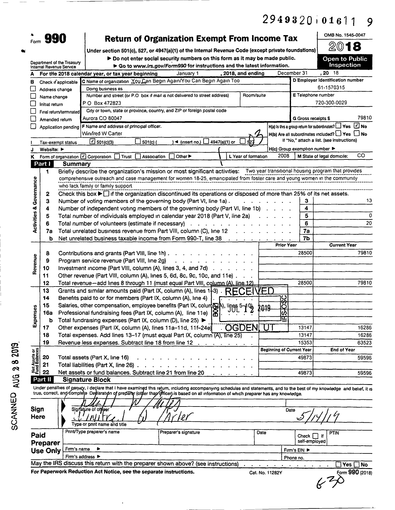 Image of first page of 2018 Form 990 for You Can Begin Again You Can Begin Again Too