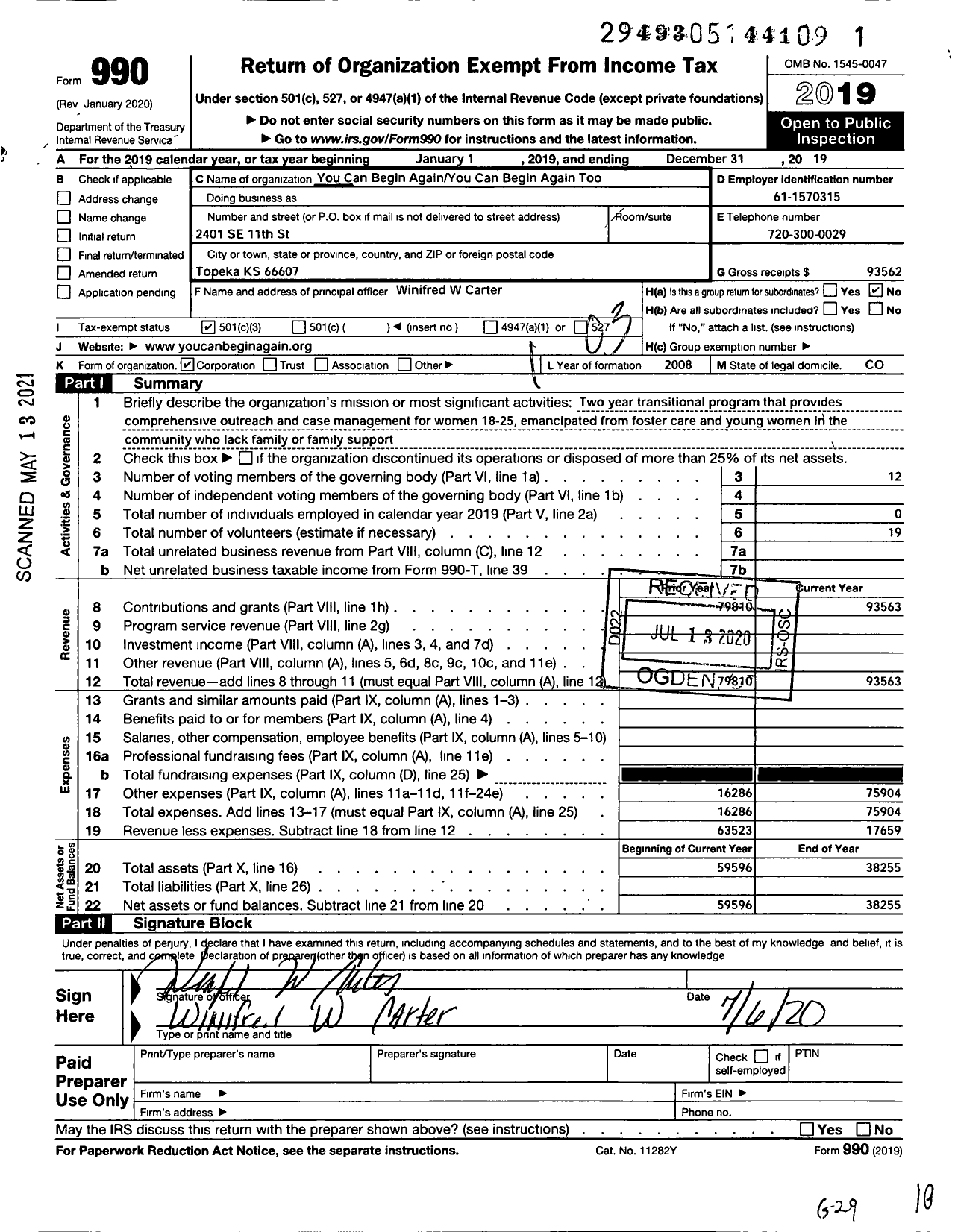 Image of first page of 2019 Form 990 for You Can Begin Again You Can Begin Again Too