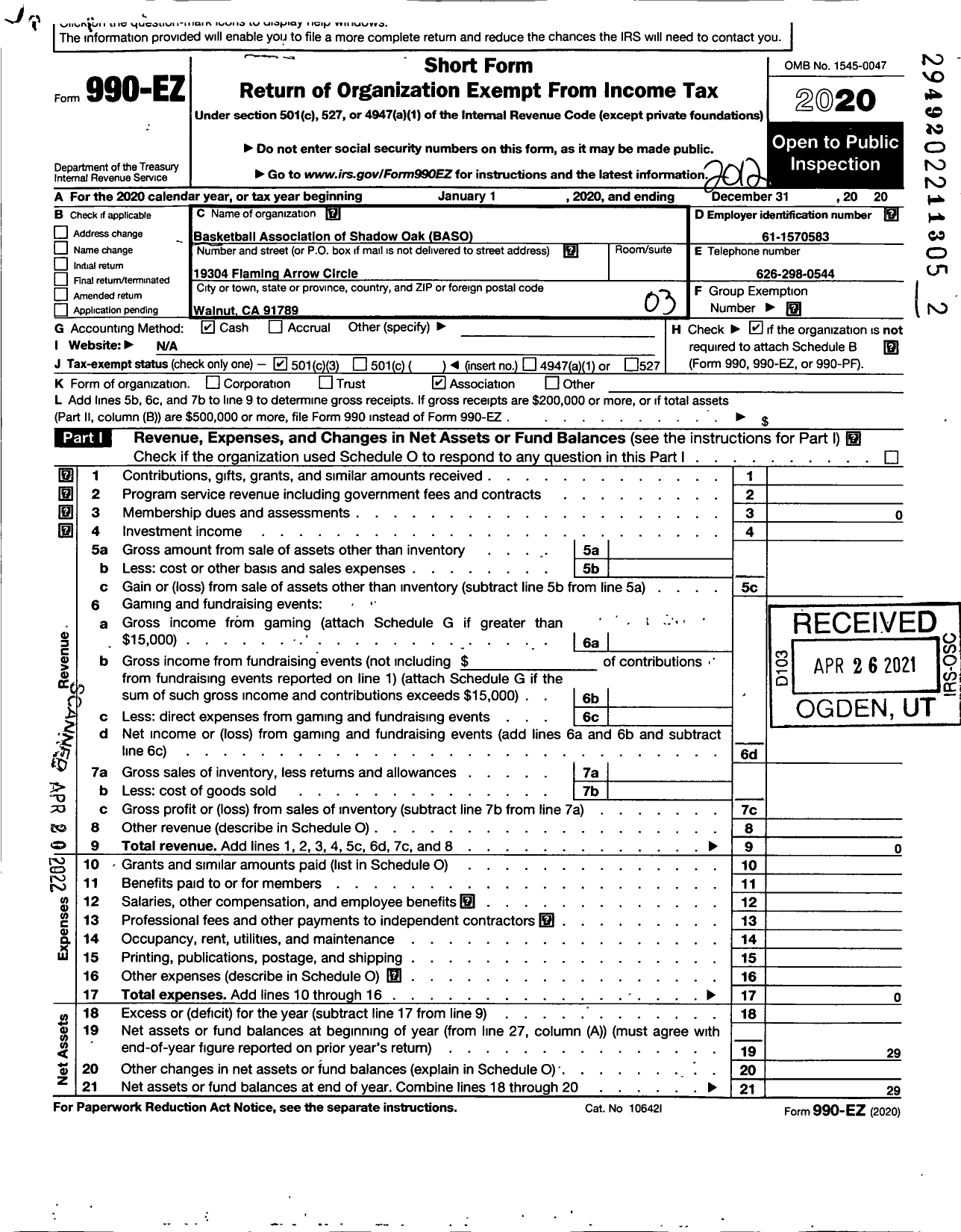 Image of first page of 2020 Form 990EZ for Basketball Association of Shadow Oak (BASO)