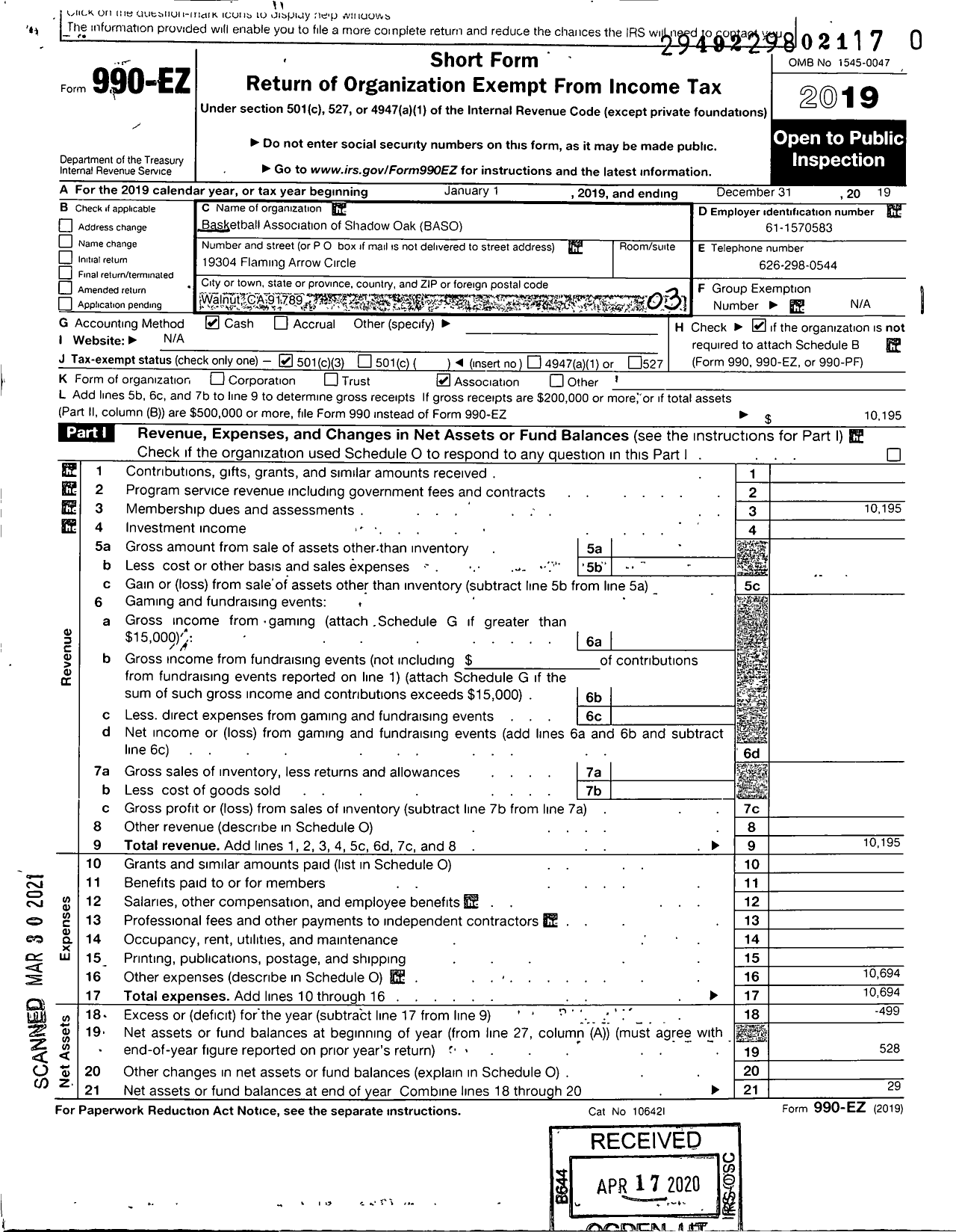 Image of first page of 2019 Form 990EZ for Basketball Association of Shadow Oak (BASO)