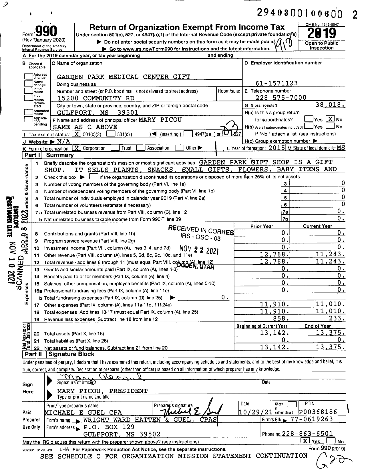 Image of first page of 2019 Form 990 for Garden Park Medical Center Gift