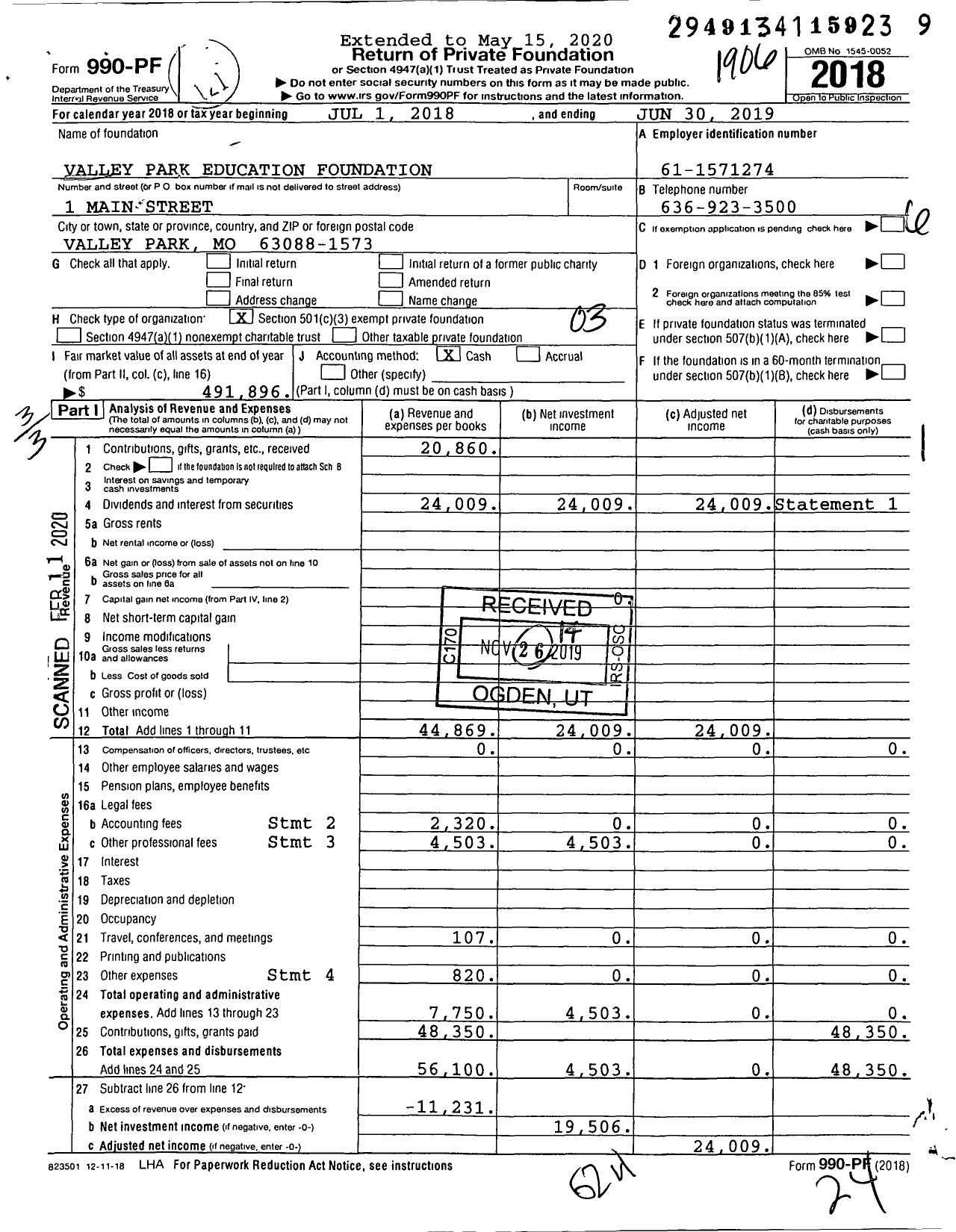 Image of first page of 2018 Form 990PF for Valley Park Education Foundation