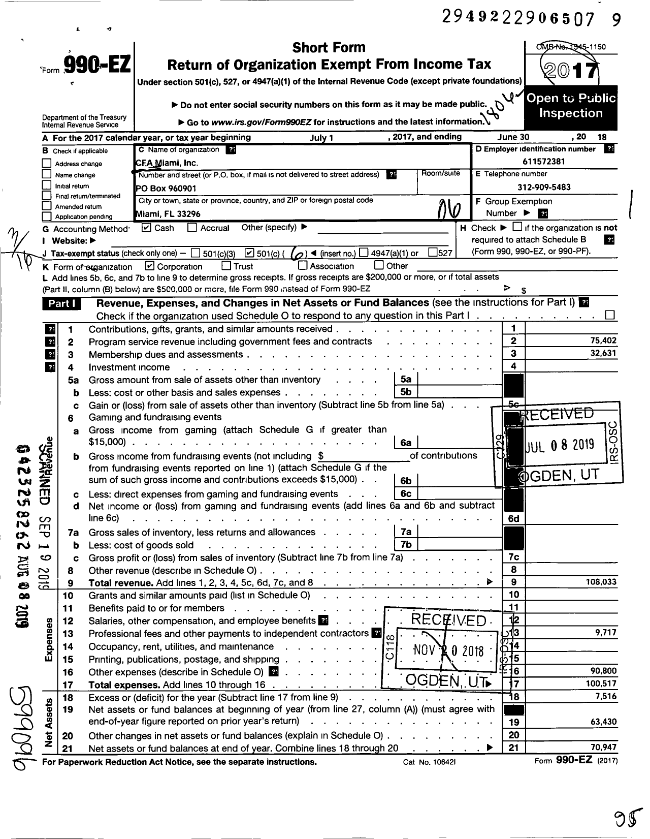 Image of first page of 2017 Form 990EO for Cfa Miami