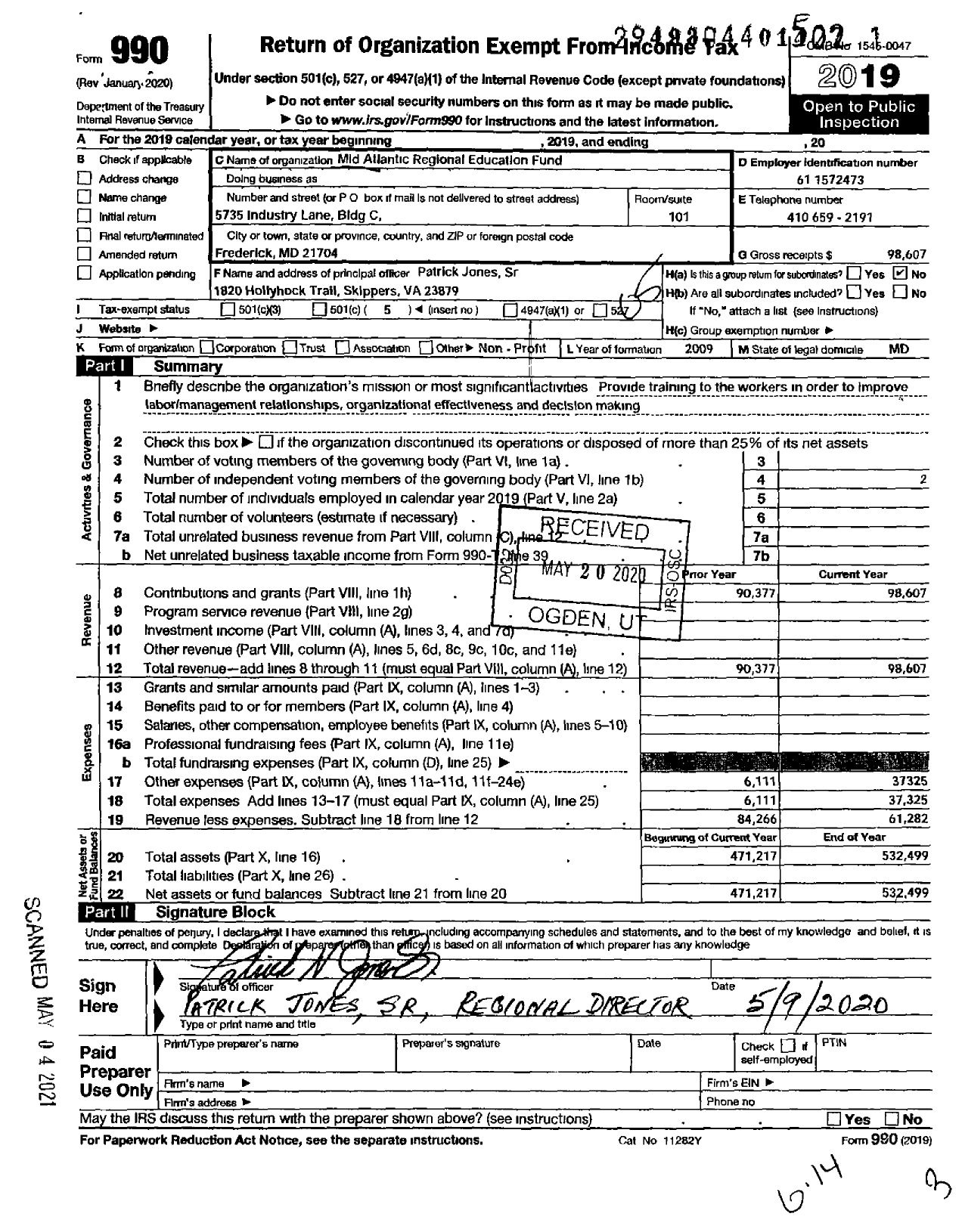 Image of first page of 2019 Form 990O for Mid-Atlantic Regional Education Fund