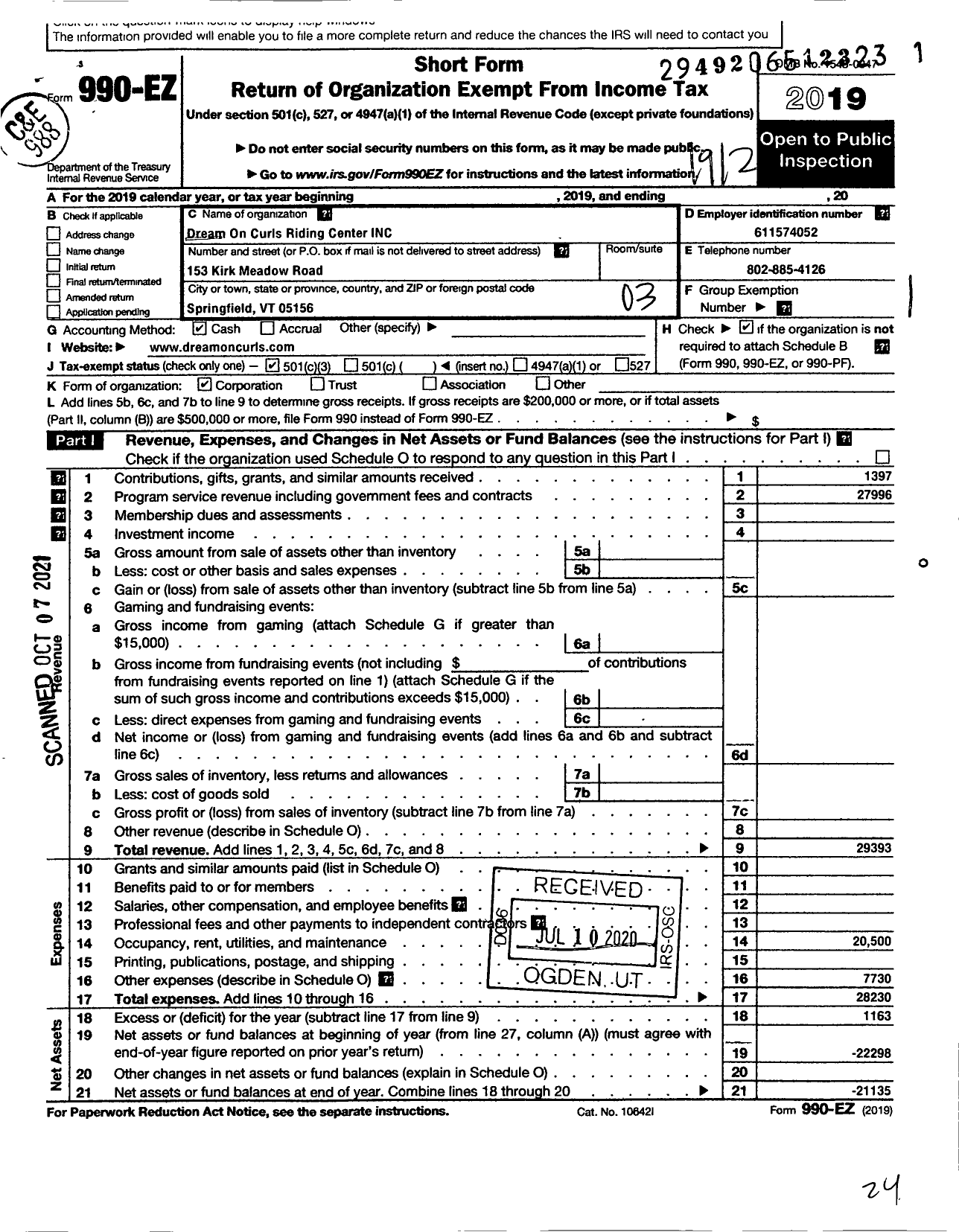 Image of first page of 2019 Form 990EZ for Dream on Curls Riding Center