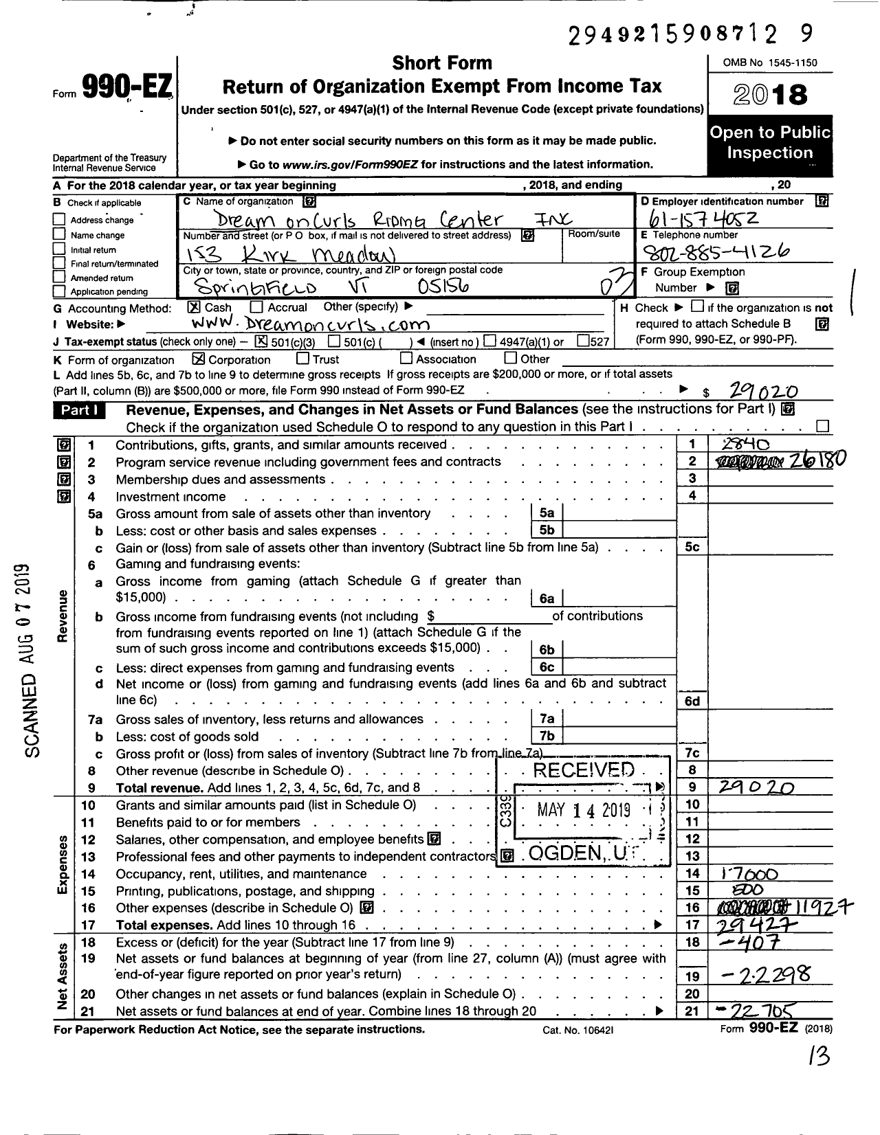 Image of first page of 2018 Form 990EZ for Dream on Curls Riding Center