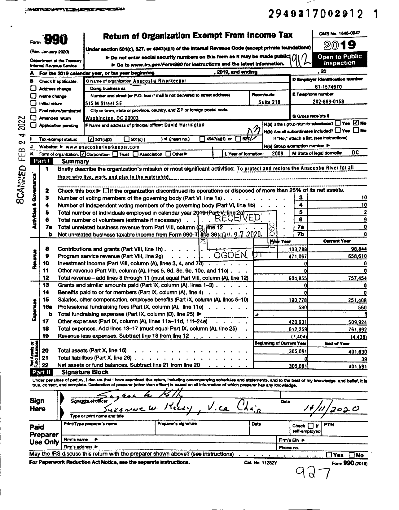 Image of first page of 2019 Form 990 for Anacostia Riverkeeper