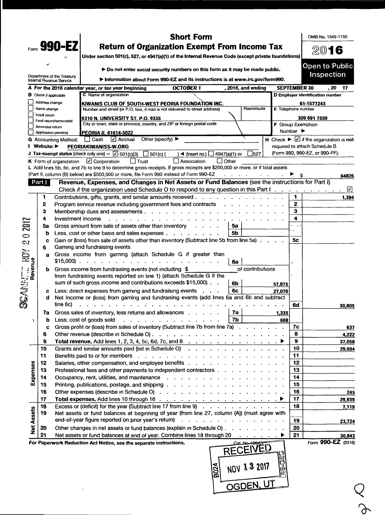 Image of first page of 2016 Form 990EZ for Kiwanis Club of S-W Peoria Foundation