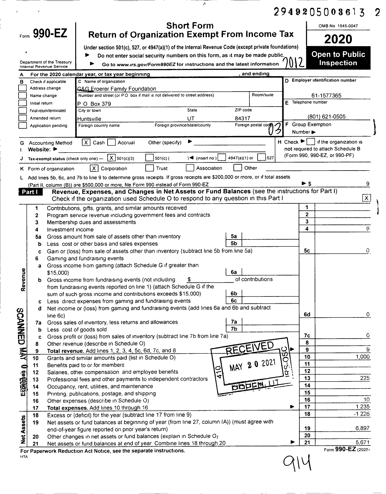 Image of first page of 2020 Form 990EZ for G&G Froerer Family Foundation