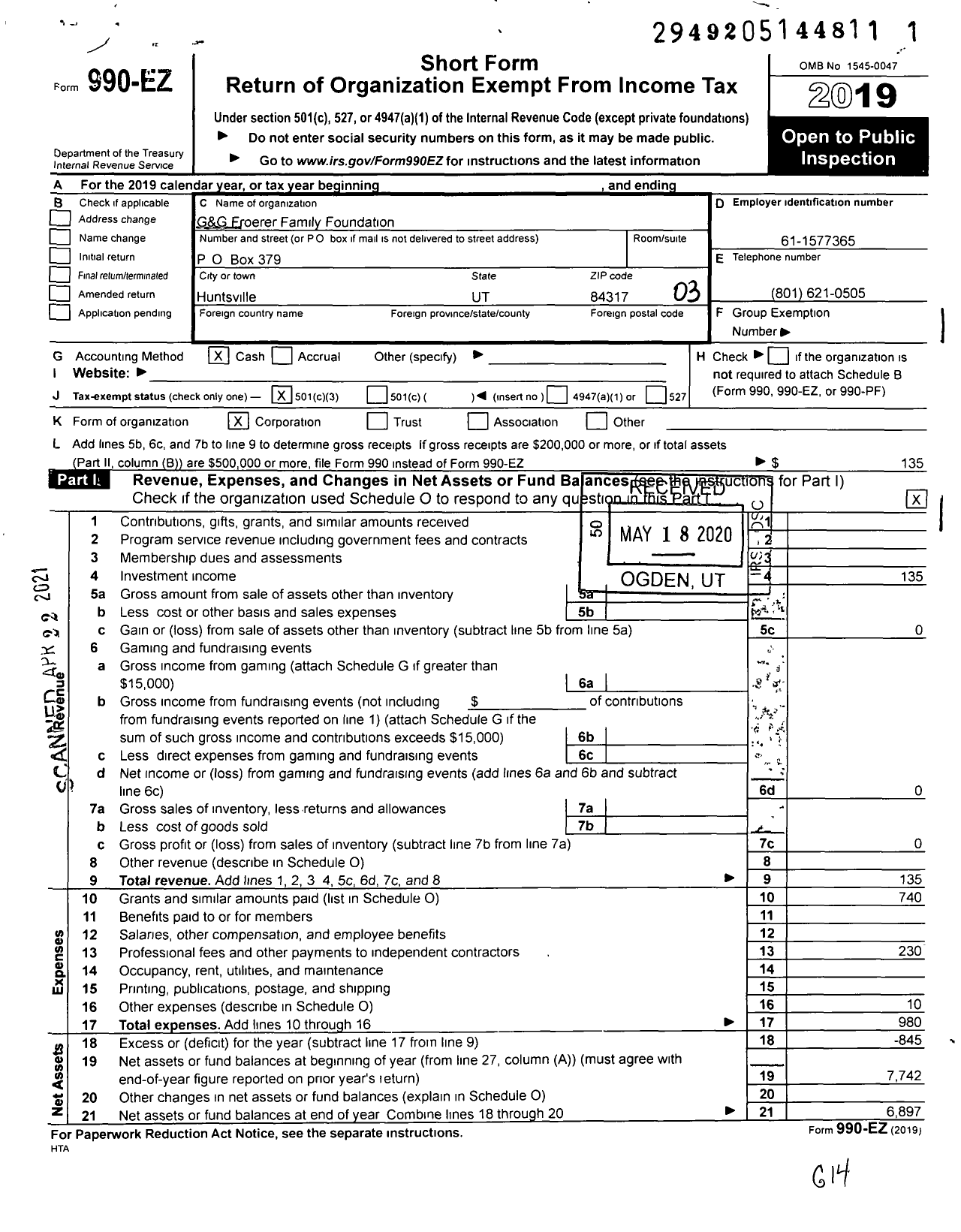 Image of first page of 2019 Form 990EZ for G&G Froerer Family Foundation