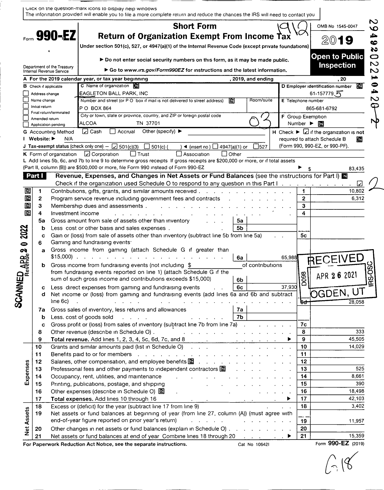 Image of first page of 2019 Form 990EZ for Eagleton Ball Park