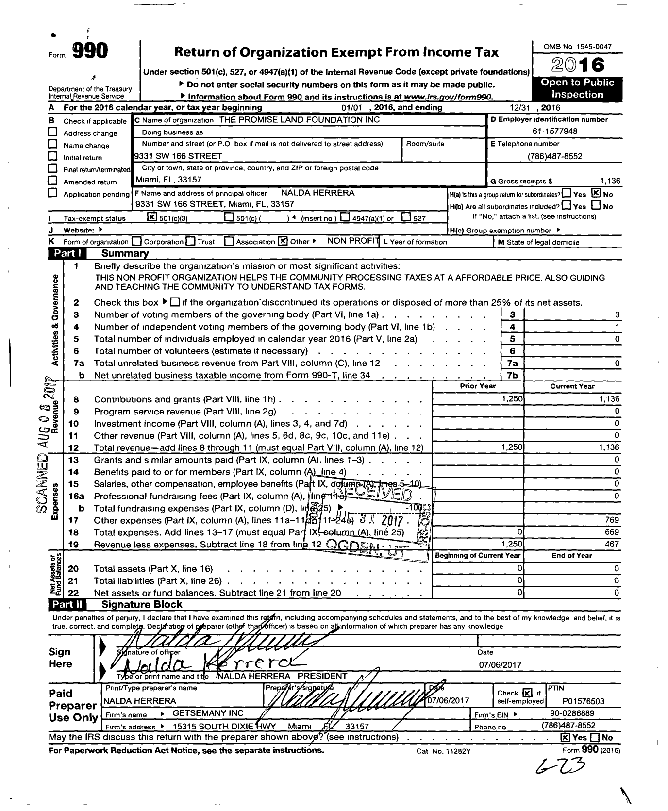 Image of first page of 2016 Form 990 for The Promise Land Foundation