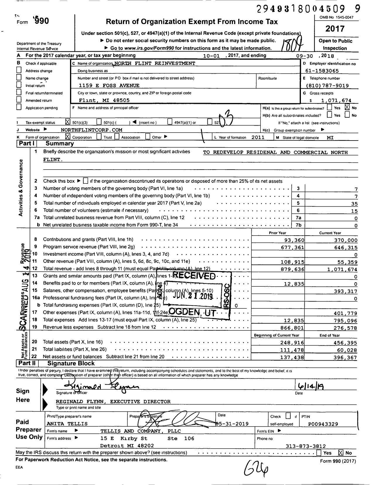 Image of first page of 2017 Form 990 for North Flint Reinvestment