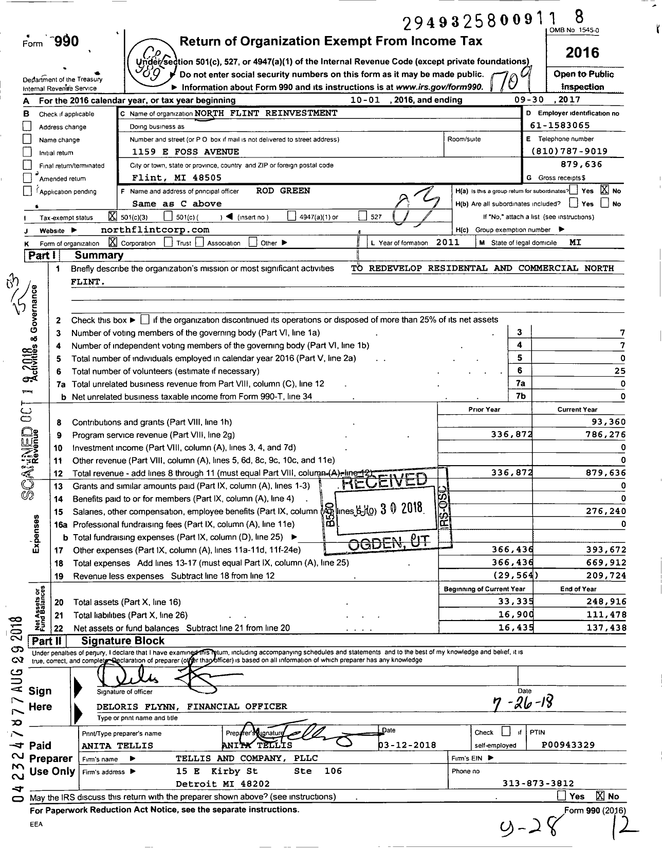 Image of first page of 2016 Form 990 for North Flint Reinvestment