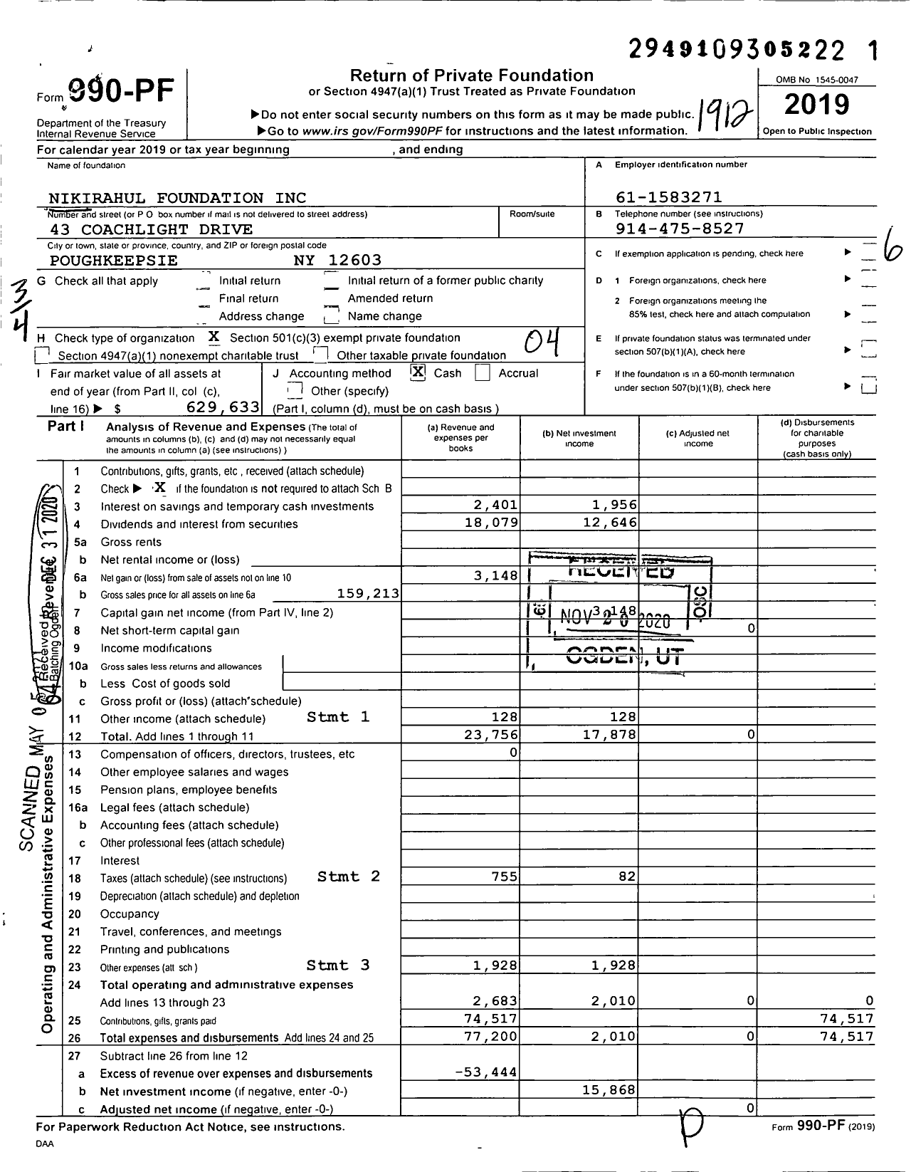 Image of first page of 2019 Form 990PF for Nikirahul Foundation