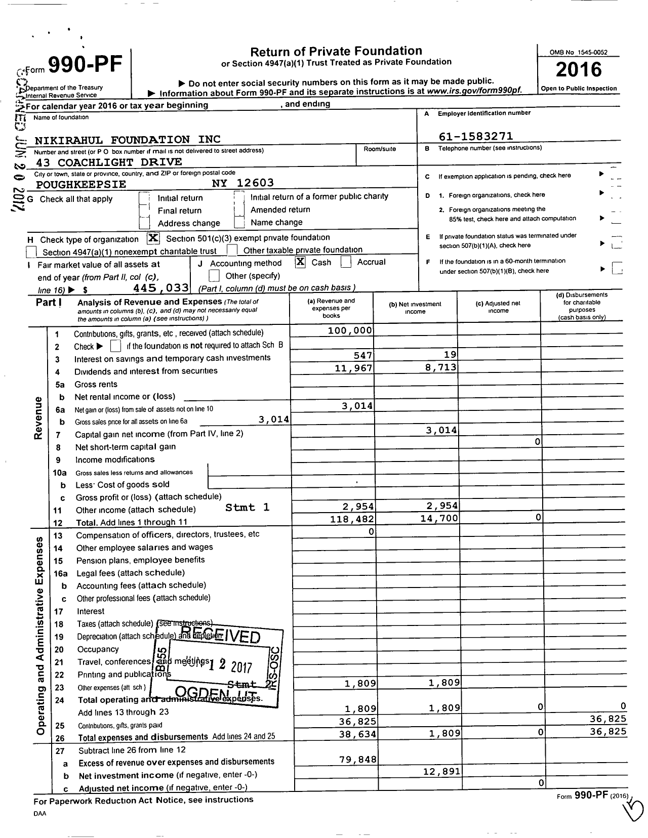 Image of first page of 2016 Form 990PF for Nikirahul Foundation